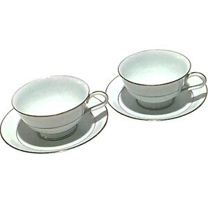 Vintage Pair of Noritake Dawn 5930 Footed Tea Cups and Saucers White w/Gold Trim